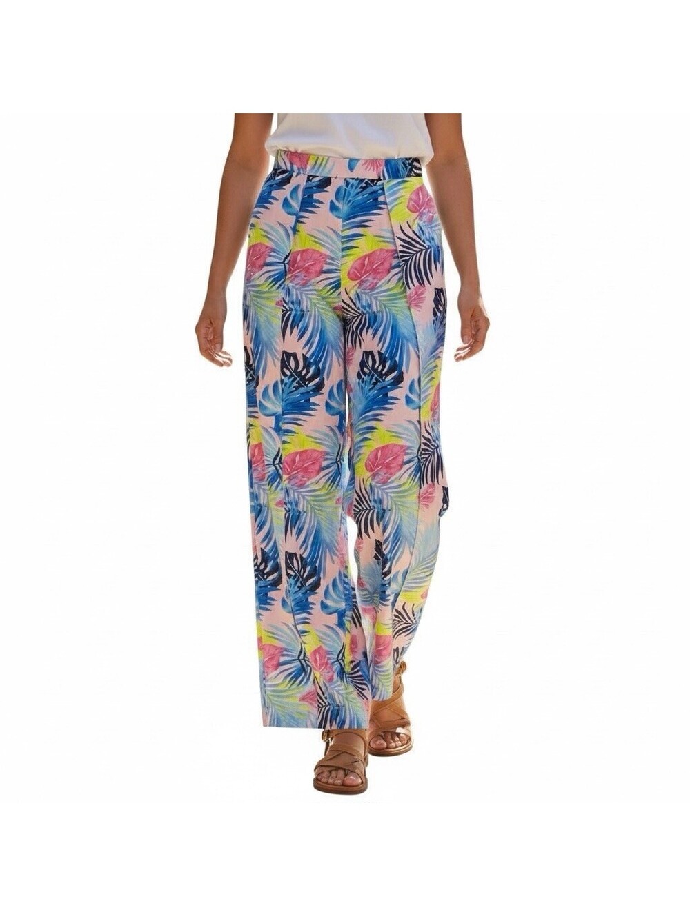 Forever 21 Tall  Pants L Tropical Leaf Print Resort Beach Lounge Wide Split Leg